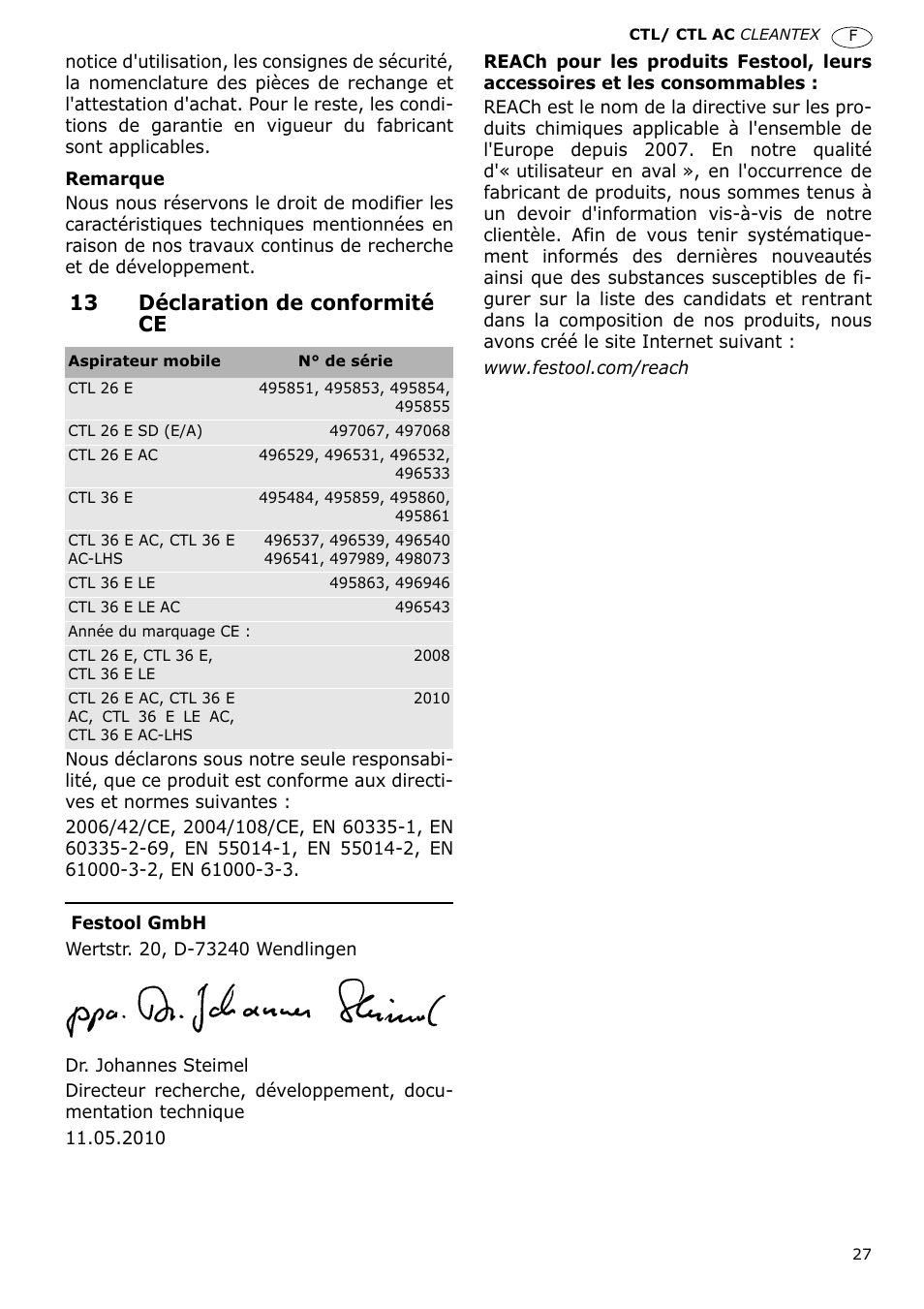 13 déclaration de conformité ce | Festool CTL 36 E-LE-AC CLEANTEX User Manual | Page 27 / 110