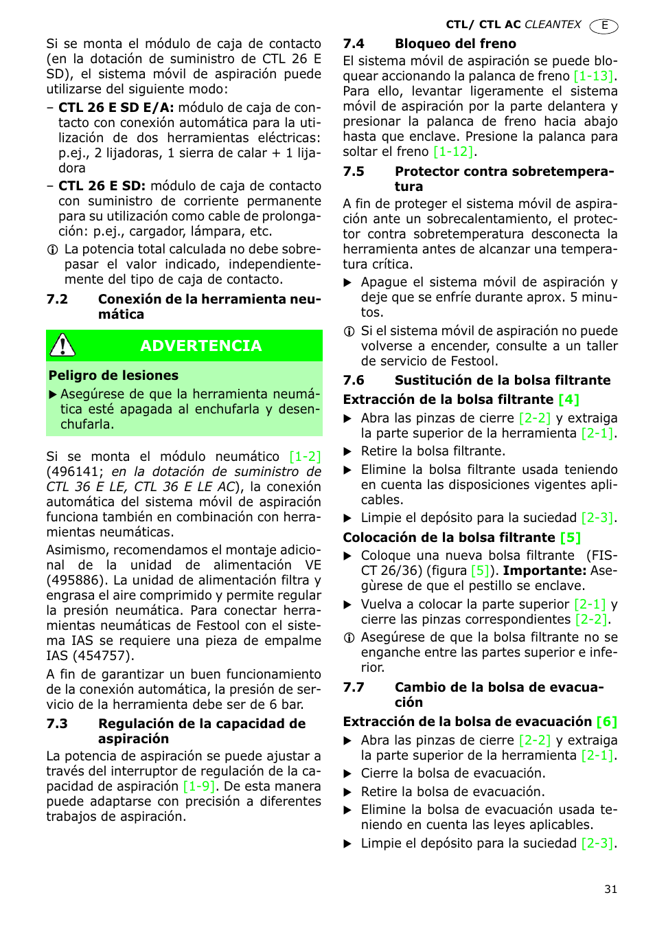 Advertencia | Festool CTL 36 E-LE-AC CLEANTEX User Manual | Page 31 / 110