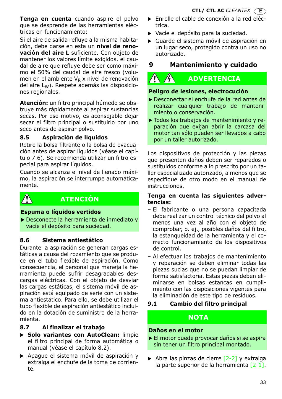 9mantenimiento y cuidado, Atención, Advertencia | Nota | Festool CTL 36 E-LE-AC CLEANTEX User Manual | Page 33 / 110