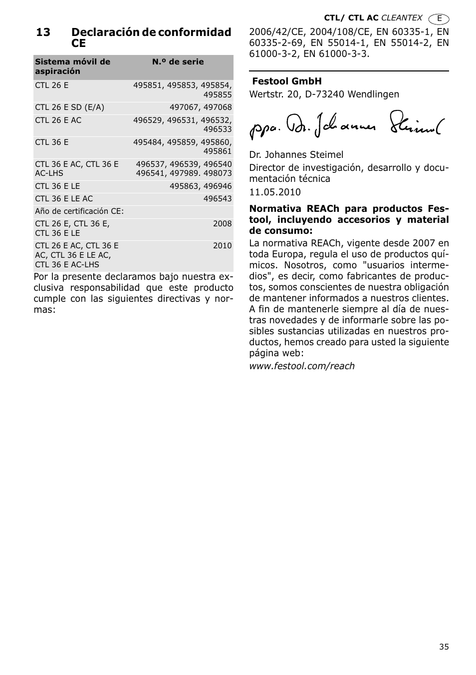 13 declaración de conformidad ce | Festool CTL 36 E-LE-AC CLEANTEX User Manual | Page 35 / 110