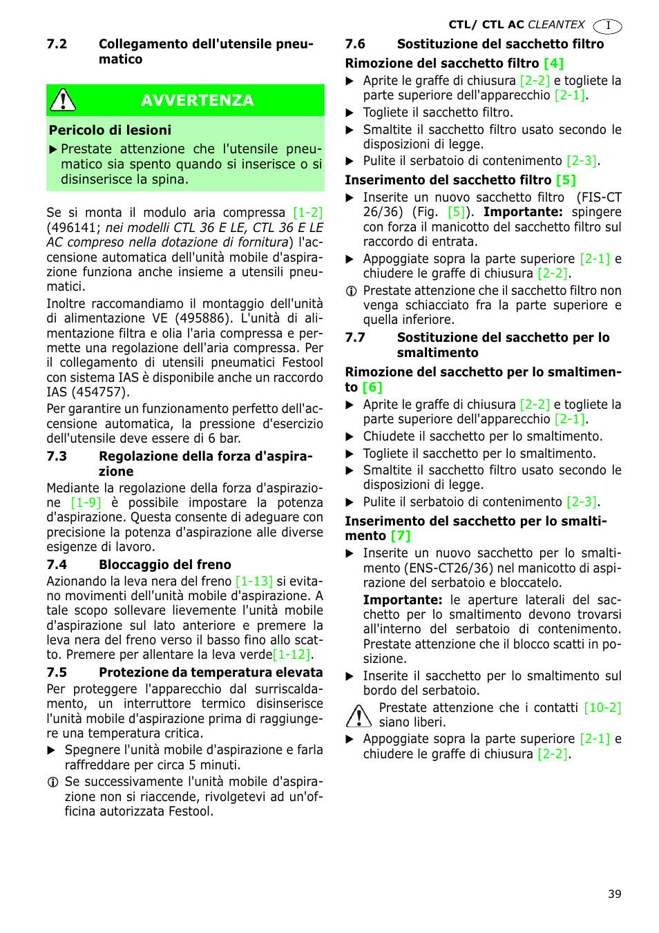 Avvertenza | Festool CTL 36 E-LE-AC CLEANTEX User Manual | Page 39 / 110