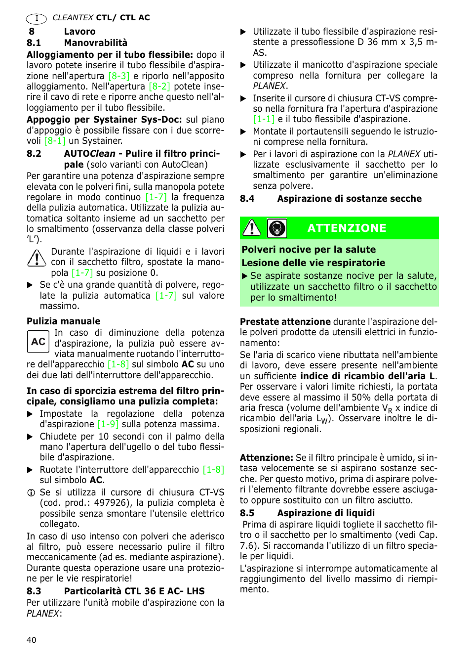 Attenzione | Festool CTL 36 E-LE-AC CLEANTEX User Manual | Page 40 / 110