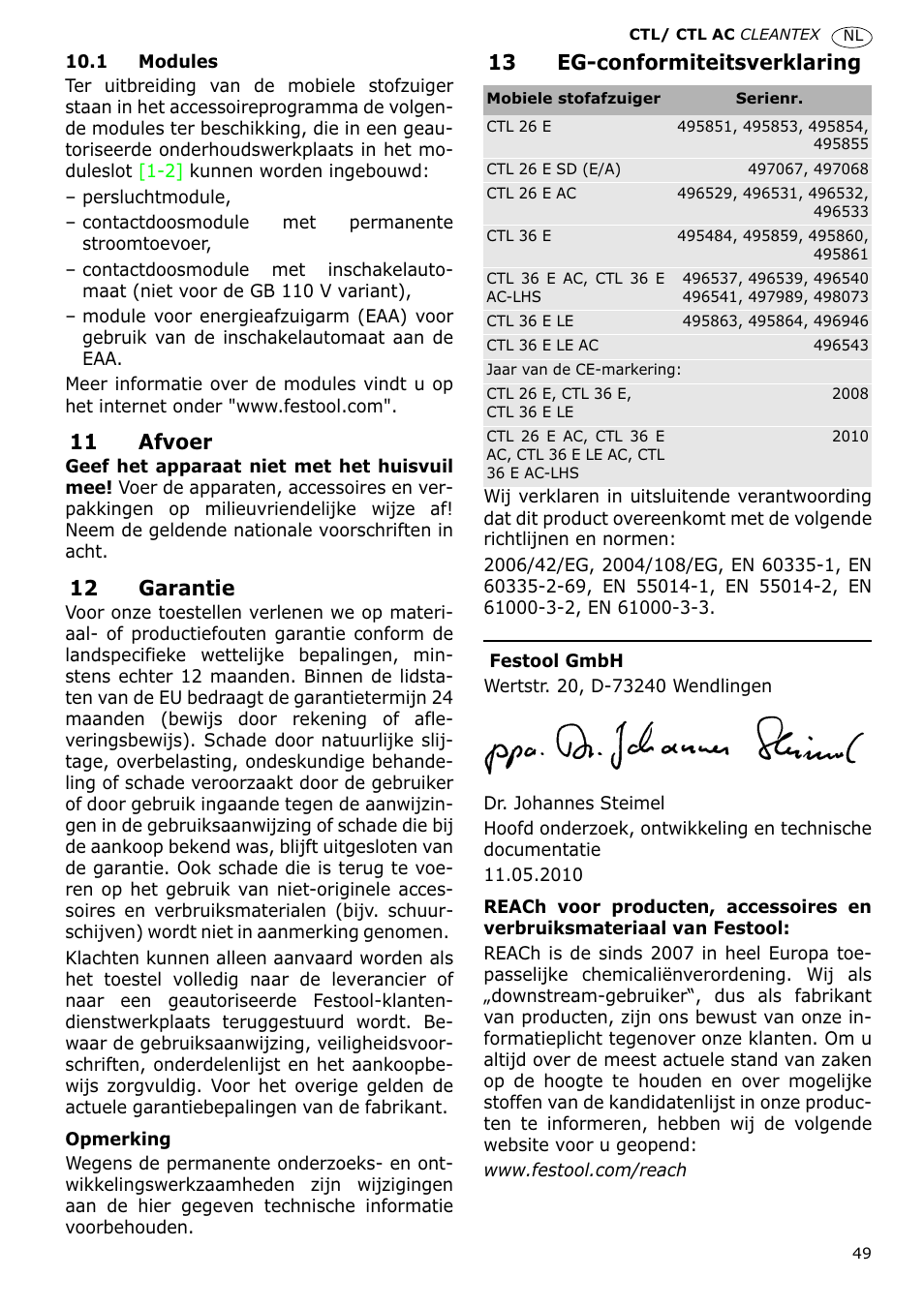 11 afvoer, 12 garantie, 13 eg-conformiteitsverklaring | Festool CTL 36 E-LE-AC CLEANTEX User Manual | Page 49 / 110