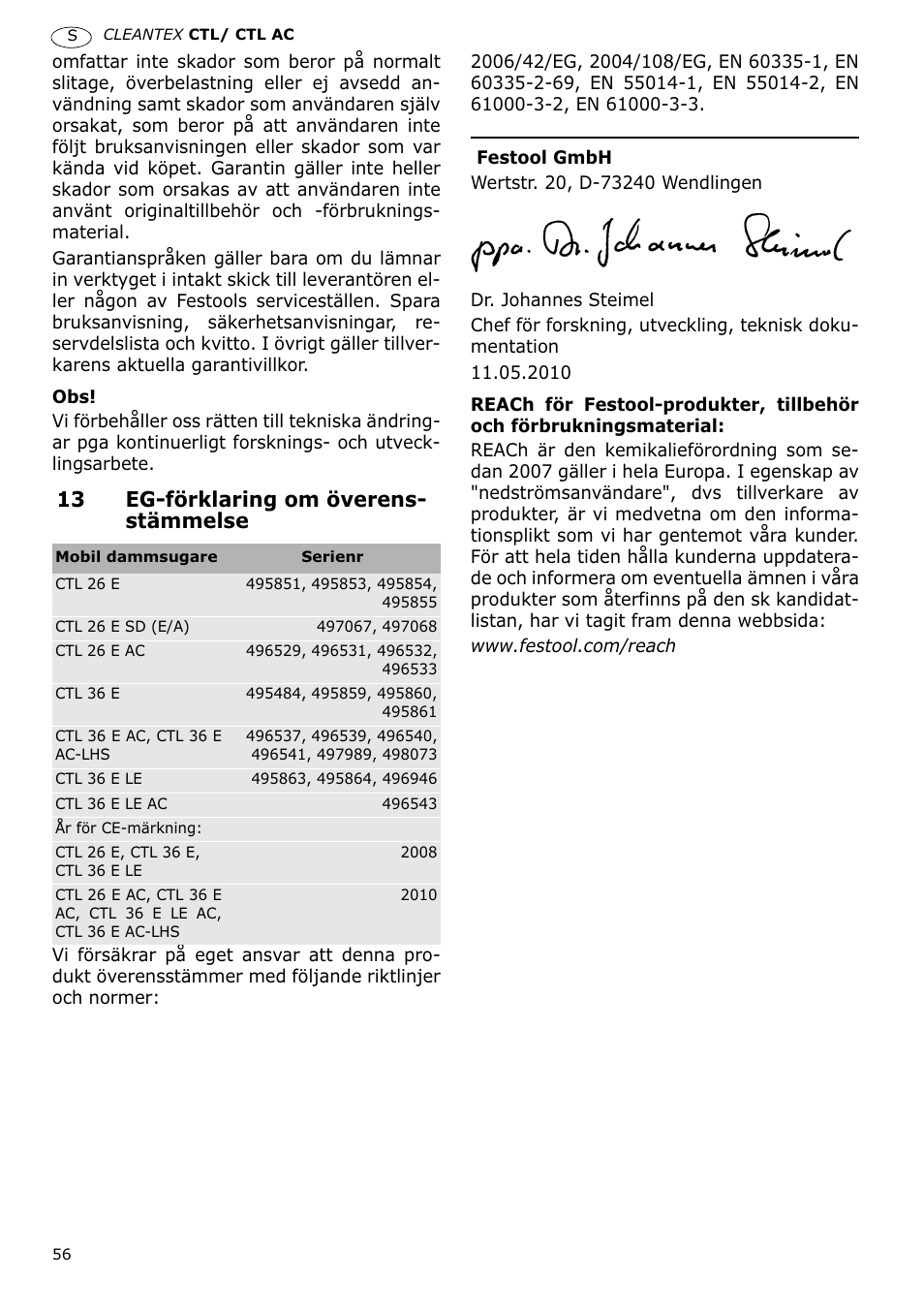 13 eg-förklaring om överens- stämmelse | Festool CTL 36 E-LE-AC CLEANTEX User Manual | Page 56 / 110