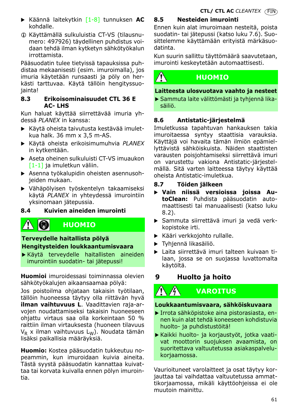 9huolto ja hoito, Huomio, Varoitus | Festool CTL 36 E-LE-AC CLEANTEX User Manual | Page 61 / 110