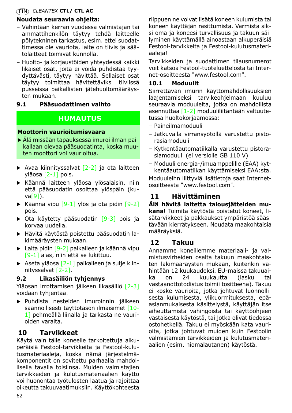 Festool CTL 36 E-LE-AC CLEANTEX User Manual | Page 62 / 110