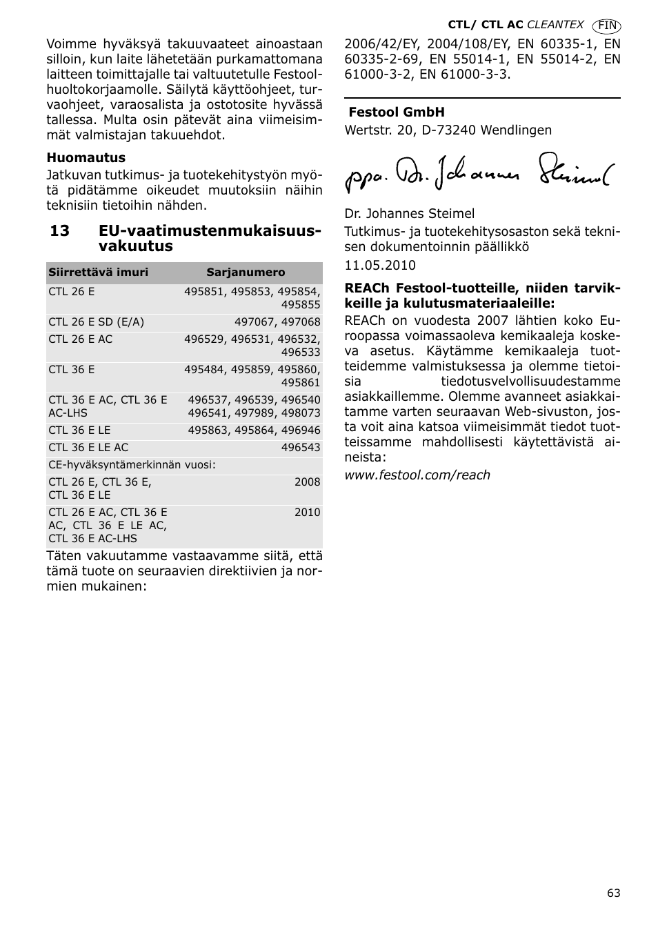 13 eu-vaatimustenmukaisuus- vakuutus | Festool CTL 36 E-LE-AC CLEANTEX User Manual | Page 63 / 110