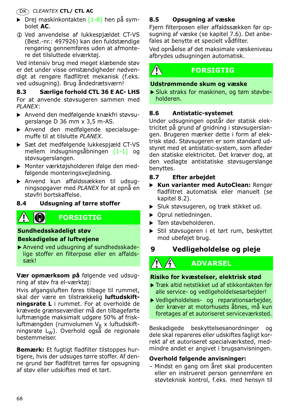 9vedligeholdelse og pleje, Forsigtig, Advarsel | Festool CTL 36 E-LE-AC CLEANTEX User Manual | Page 68 / 110