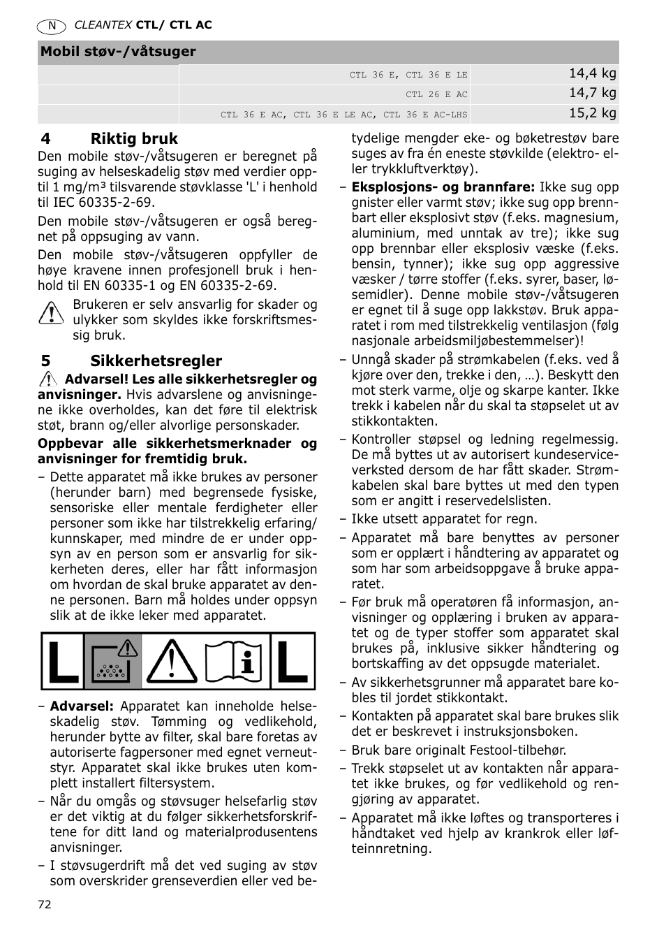 Festool CTL 36 E-LE-AC CLEANTEX User Manual | Page 72 / 110