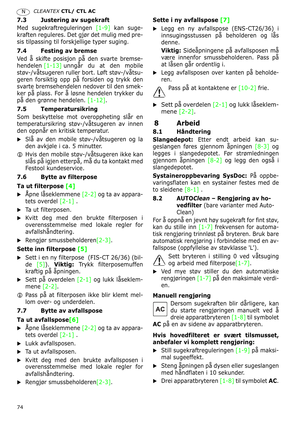 Festool CTL 36 E-LE-AC CLEANTEX User Manual | Page 74 / 110