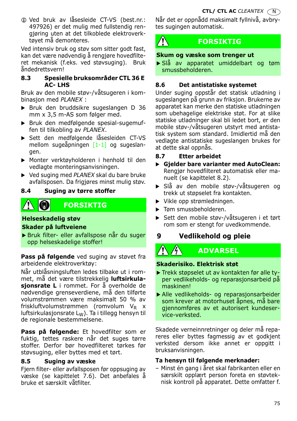 9vedlikehold og pleie, Forsiktig, Advarsel | Festool CTL 36 E-LE-AC CLEANTEX User Manual | Page 75 / 110