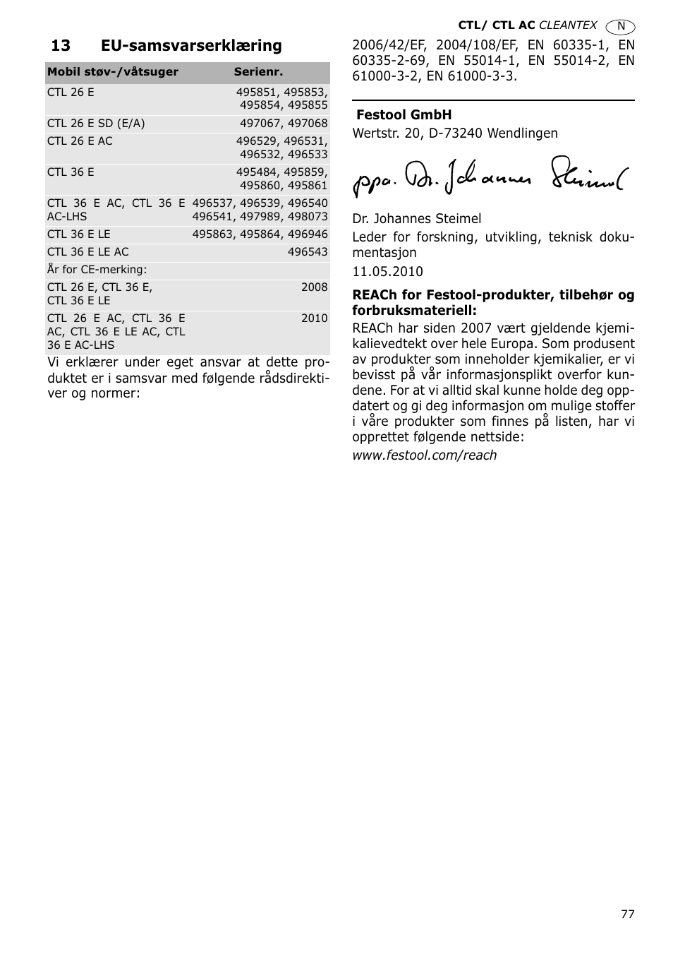 13 eu-samsvarserklæring | Festool CTL 36 E-LE-AC CLEANTEX User Manual | Page 77 / 110