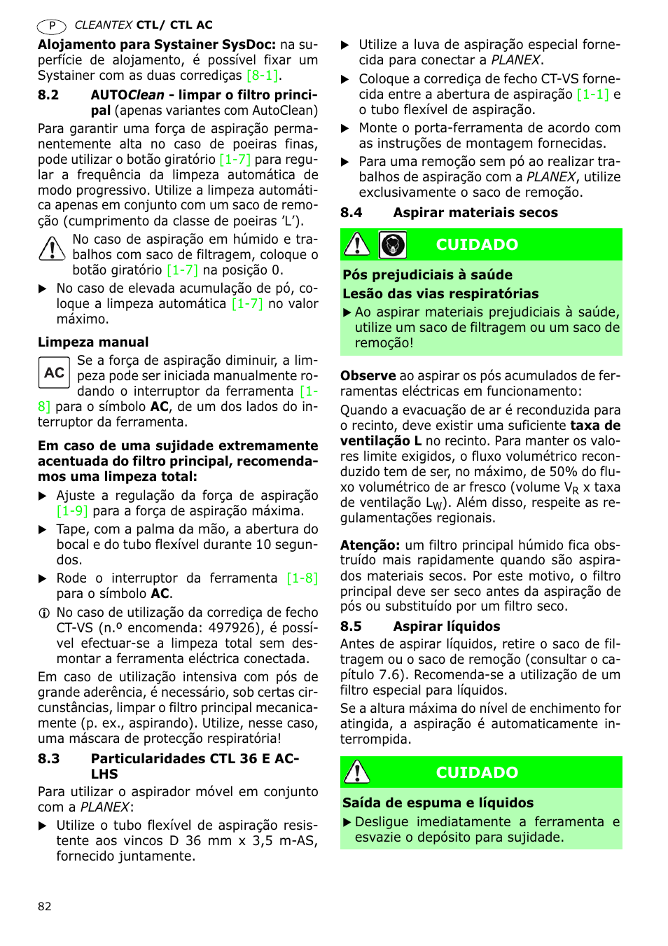 Cuidado | Festool CTL 36 E-LE-AC CLEANTEX User Manual | Page 82 / 110