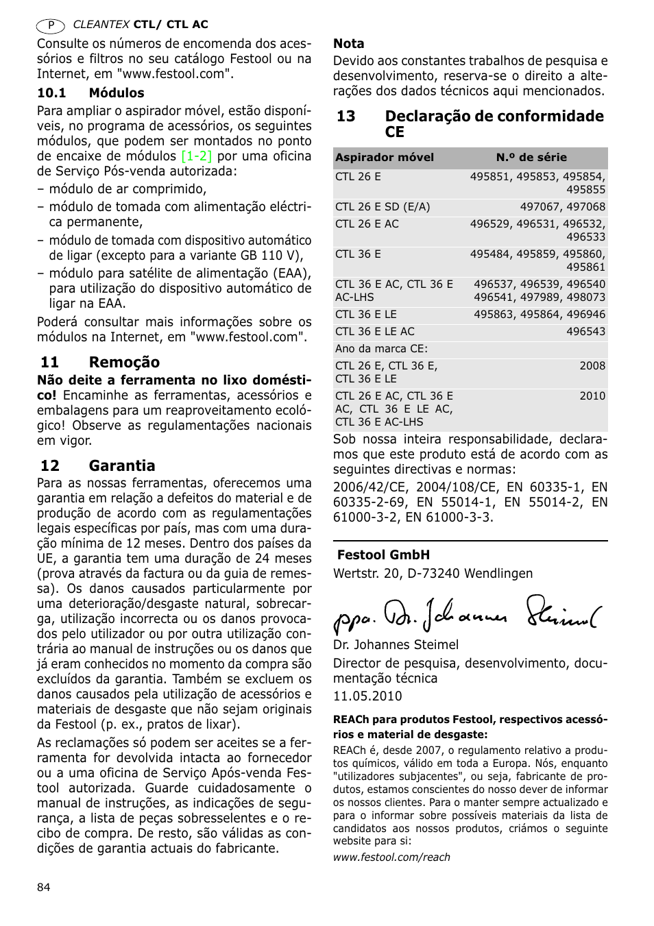 11 remoção, 12 garantia, 13 declaração de conformidade ce | Festool CTL 36 E-LE-AC CLEANTEX User Manual | Page 84 / 110