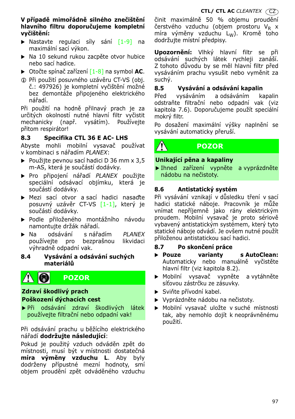 Pozor | Festool CTL 36 E-LE-AC CLEANTEX User Manual | Page 97 / 110