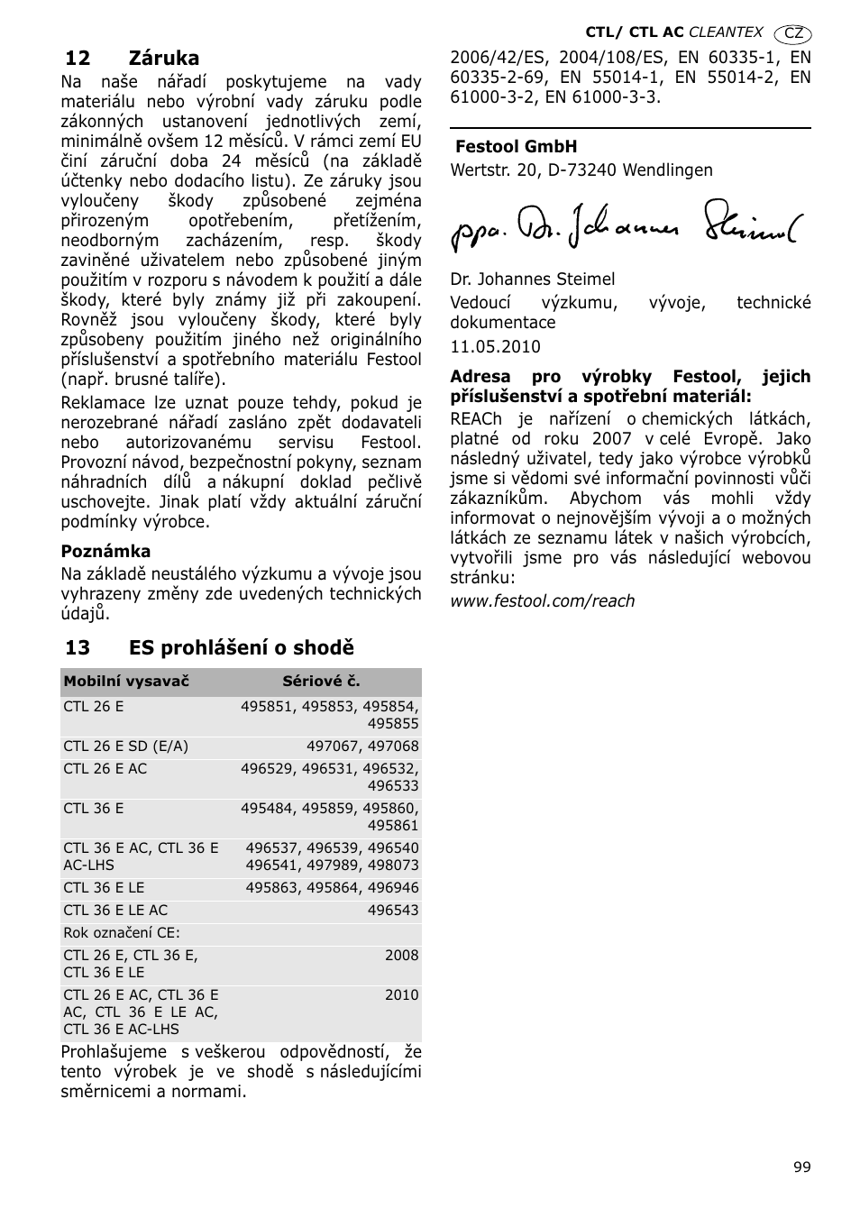 12 záruka, 13 es prohlášení o shodč | Festool CTL 36 E-LE-AC CLEANTEX User Manual | Page 99 / 110