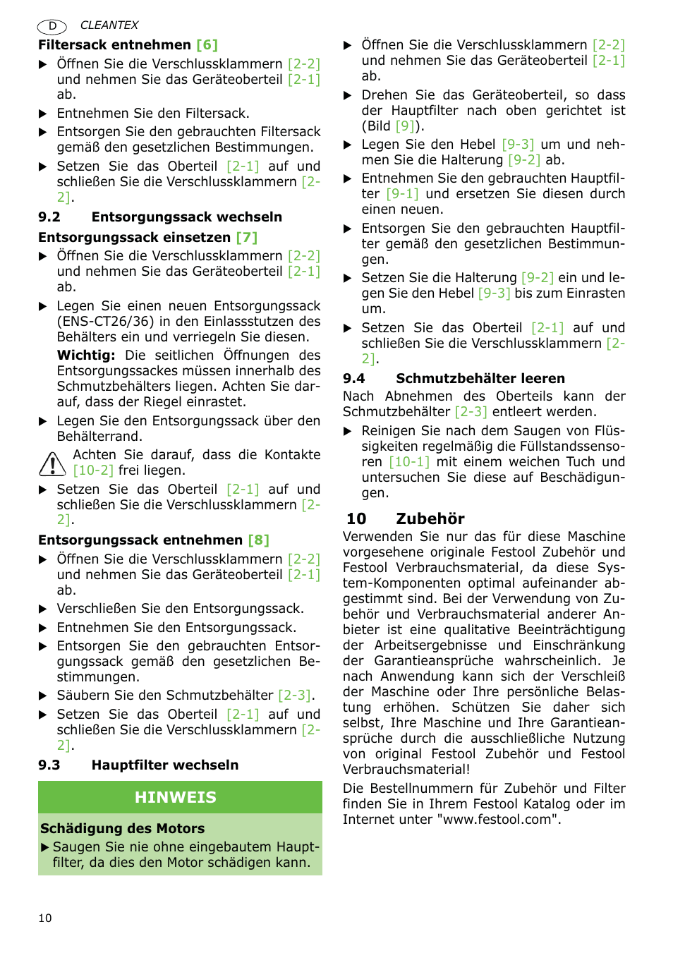 10 zubehör, Hinweis | Festool CT 36 E-LE-AC CLEANTEX User Manual | Page 10 / 93