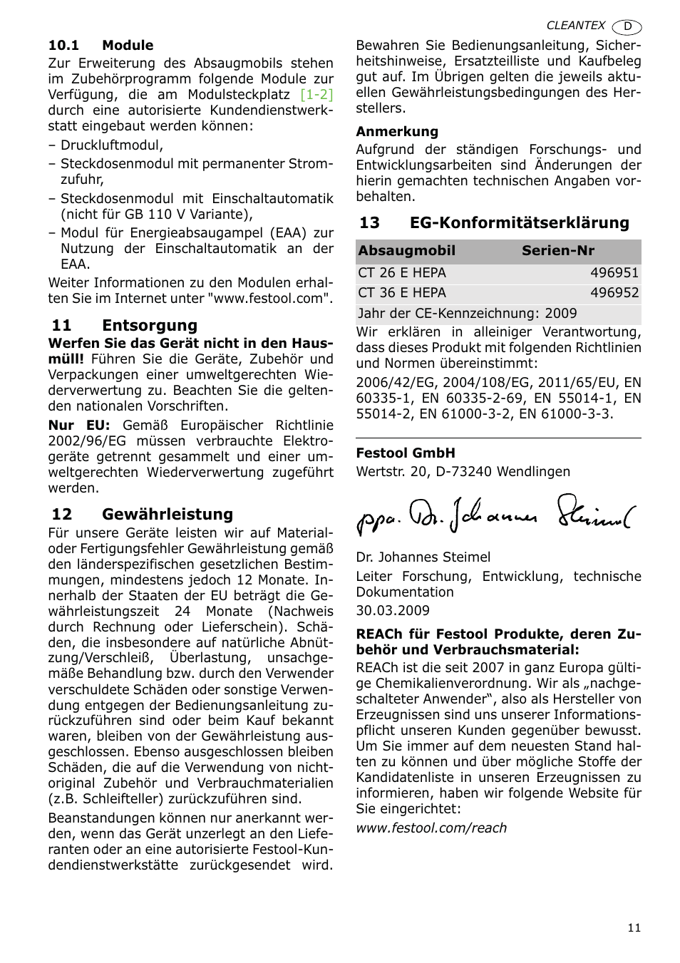 Festool CT 36 E-LE-AC CLEANTEX User Manual | Page 11 / 93