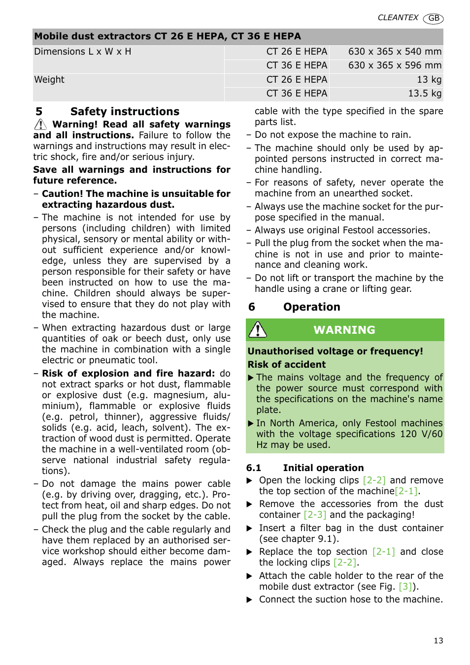 Festool CT 36 E-LE-AC CLEANTEX User Manual | Page 13 / 93