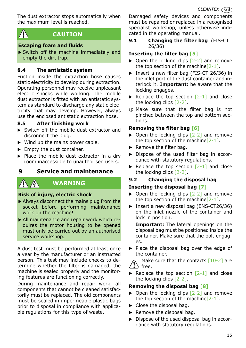 9service and maintenance, Caution, Warning | Festool CT 36 E-LE-AC CLEANTEX User Manual | Page 15 / 93