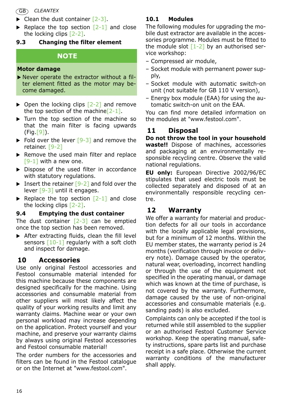 Festool CT 36 E-LE-AC CLEANTEX User Manual | Page 16 / 93