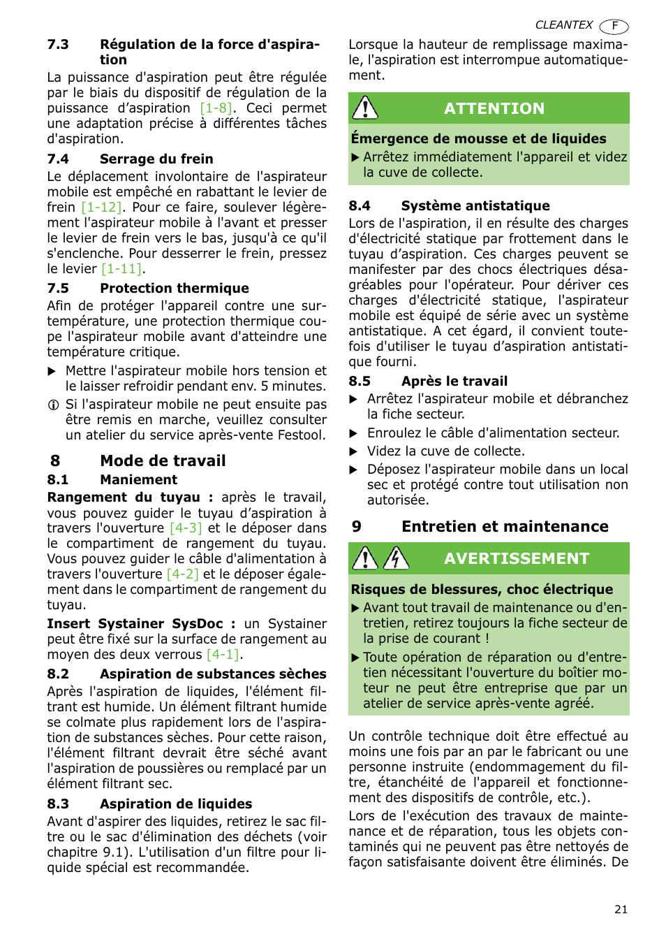 Festool CT 36 E-LE-AC CLEANTEX User Manual | Page 21 / 93