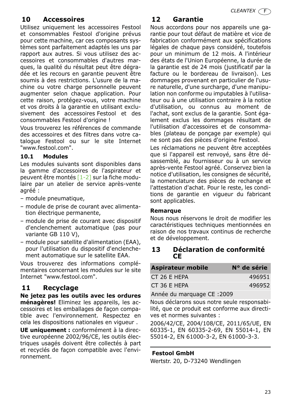 Festool CT 36 E-LE-AC CLEANTEX User Manual | Page 23 / 93