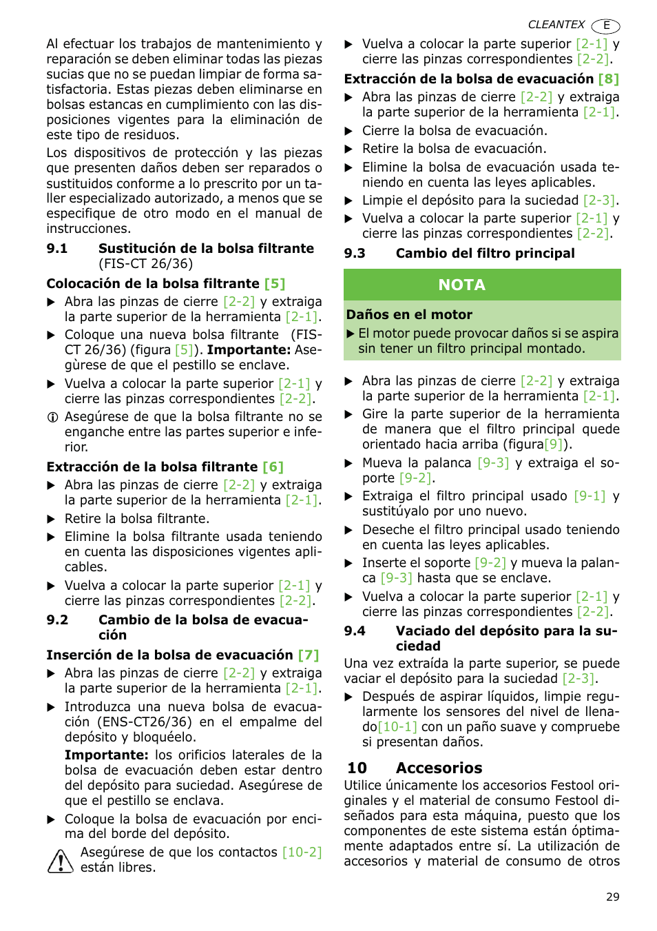 10 accesorios, Nota | Festool CT 36 E-LE-AC CLEANTEX User Manual | Page 29 / 93
