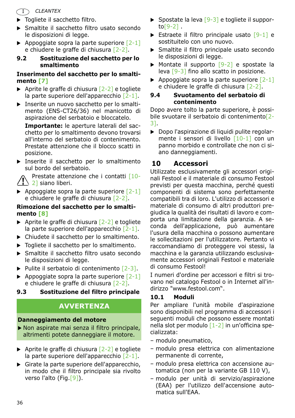 10 accessori, Avvertenza | Festool CT 36 E-LE-AC CLEANTEX User Manual | Page 36 / 93