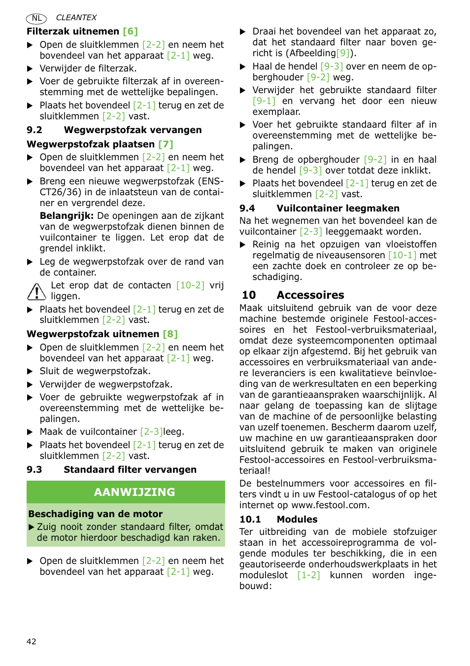 10 accessoires, Aanwijzing | Festool CT 36 E-LE-AC CLEANTEX User Manual | Page 42 / 93
