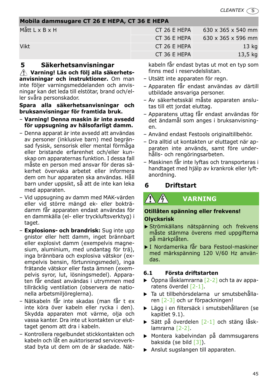 Festool CT 36 E-LE-AC CLEANTEX User Manual | Page 45 / 93