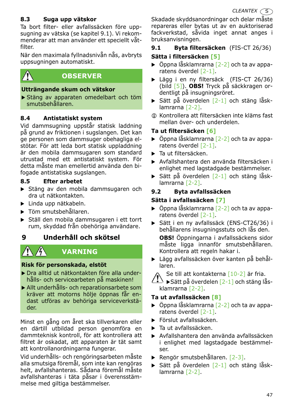 9underhåll och skötsel, Observer, Varning | Festool CT 36 E-LE-AC CLEANTEX User Manual | Page 47 / 93