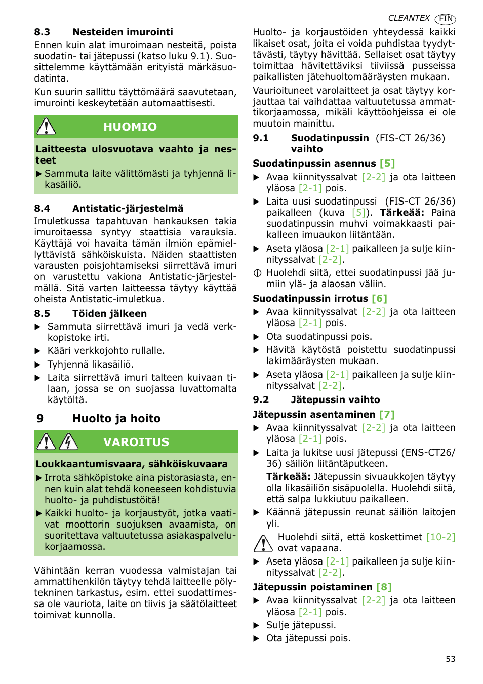9huolto ja hoito, Huomio, Varoitus | Festool CT 36 E-LE-AC CLEANTEX User Manual | Page 53 / 93