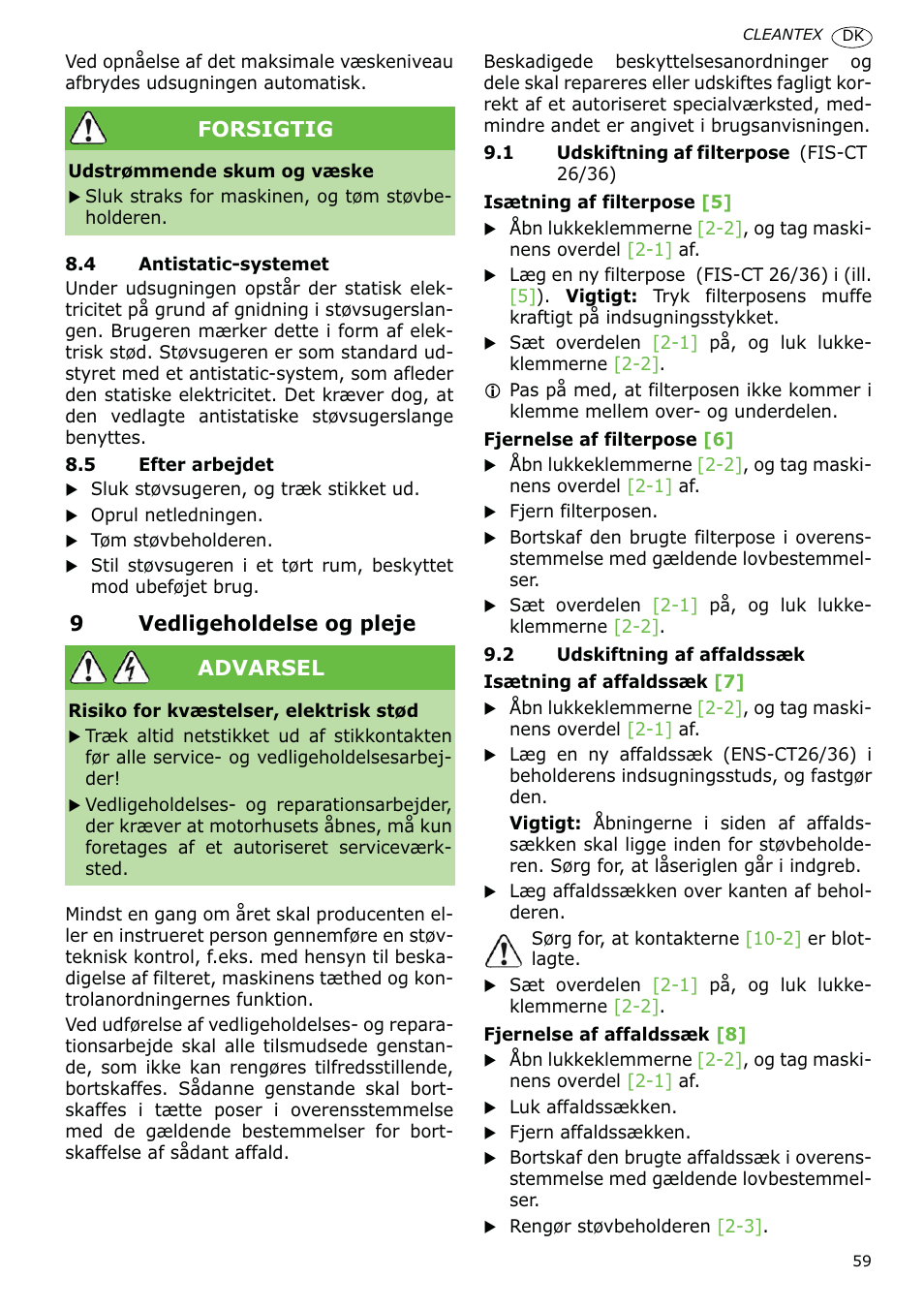 9vedligeholdelse og pleje, Forsigtig, Advarsel | Festool CT 36 E-LE-AC CLEANTEX User Manual | Page 59 / 93