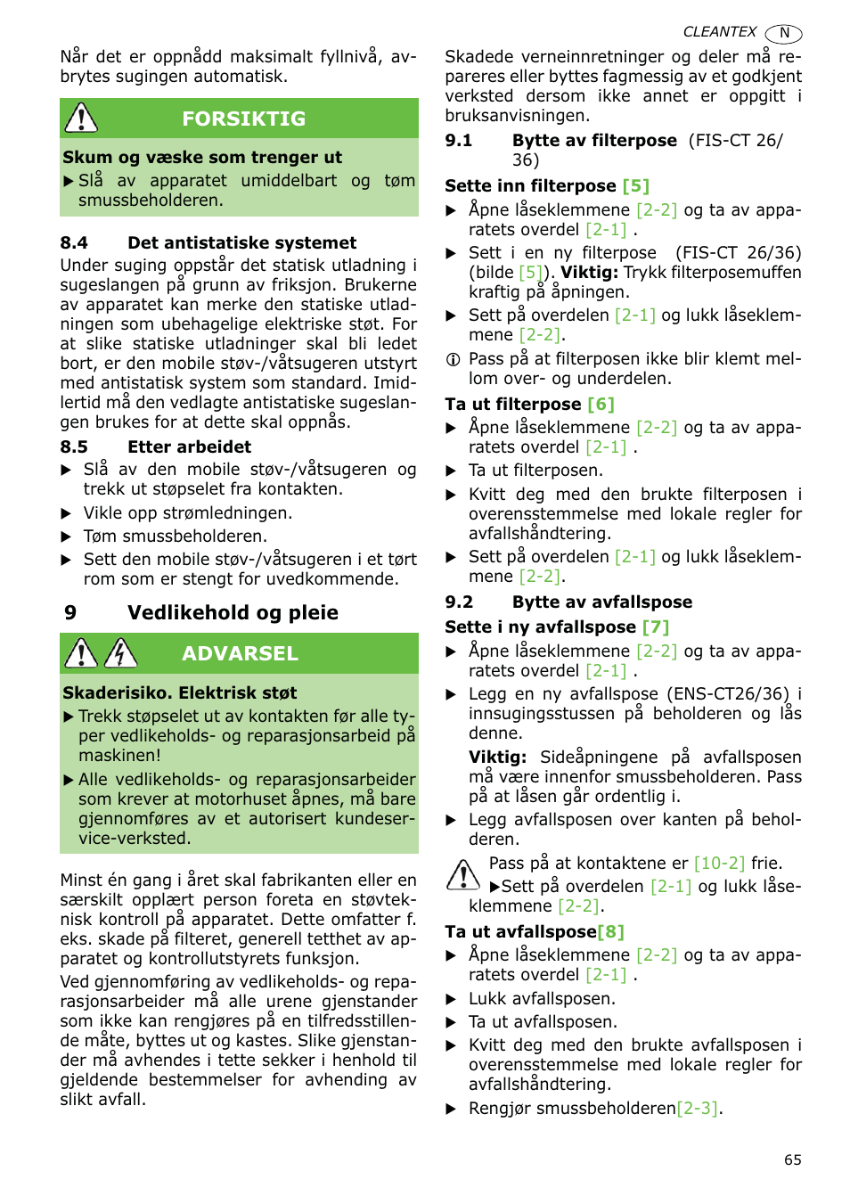 9vedlikehold og pleie, Forsiktig, Advarsel | Festool CT 36 E-LE-AC CLEANTEX User Manual | Page 65 / 93
