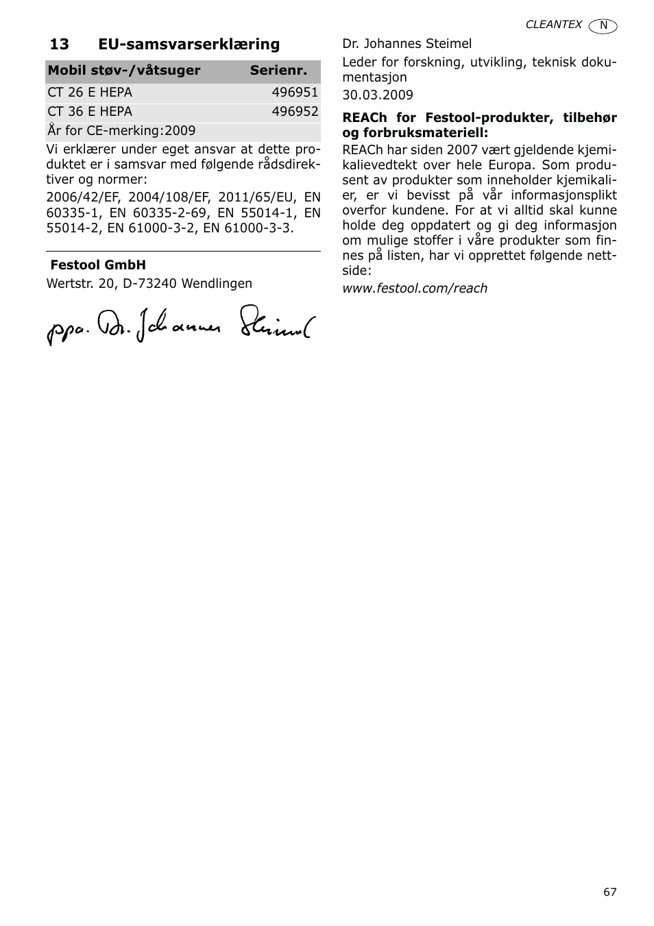 Festool CT 36 E-LE-AC CLEANTEX User Manual | Page 67 / 93