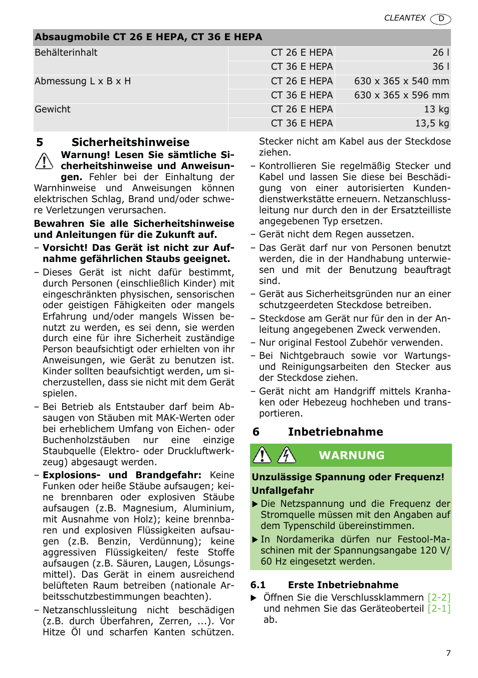 Festool CT 36 E-LE-AC CLEANTEX User Manual | Page 7 / 93