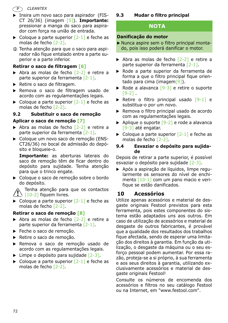 10 acessórios, Nota | Festool CT 36 E-LE-AC CLEANTEX User Manual | Page 72 / 93