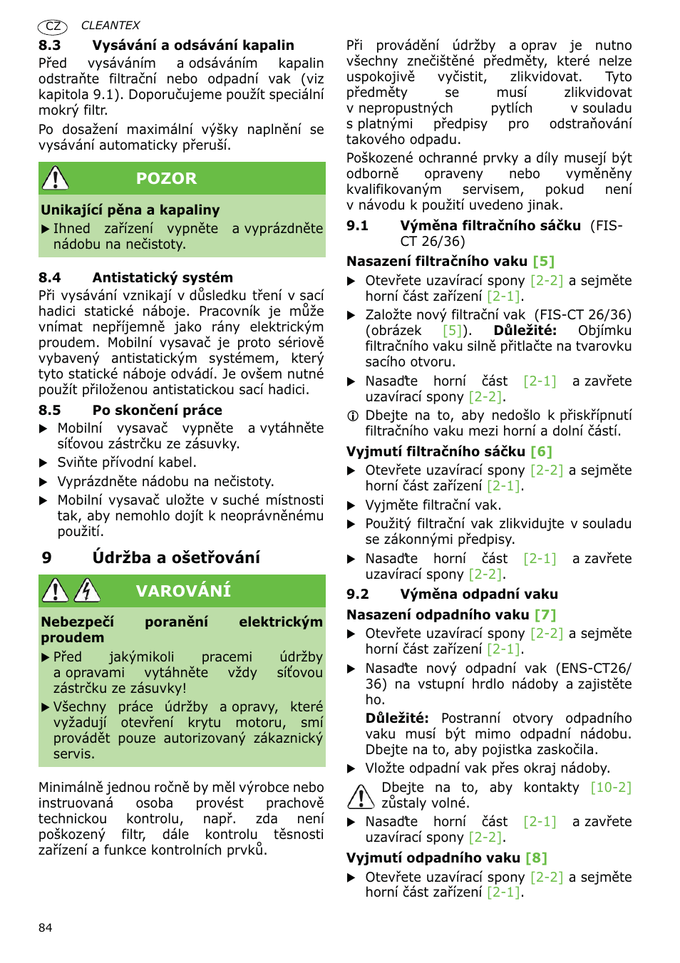 9údržba a ošetĝování, Pozor, Varování | Festool CT 36 E-LE-AC CLEANTEX User Manual | Page 84 / 93