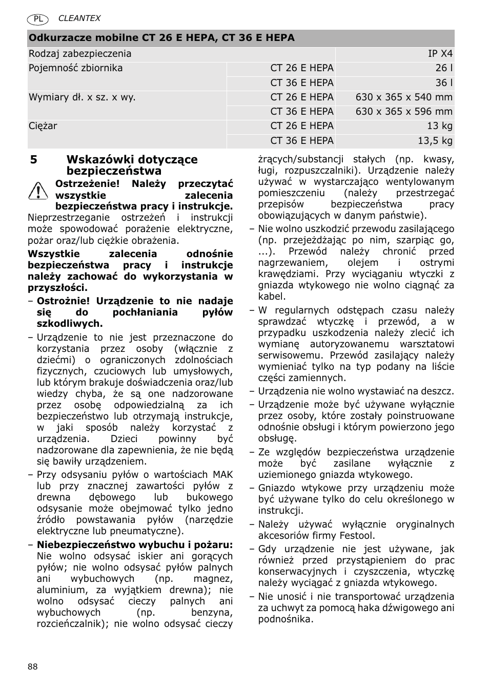 Festool CT 36 E-LE-AC CLEANTEX User Manual | Page 88 / 93