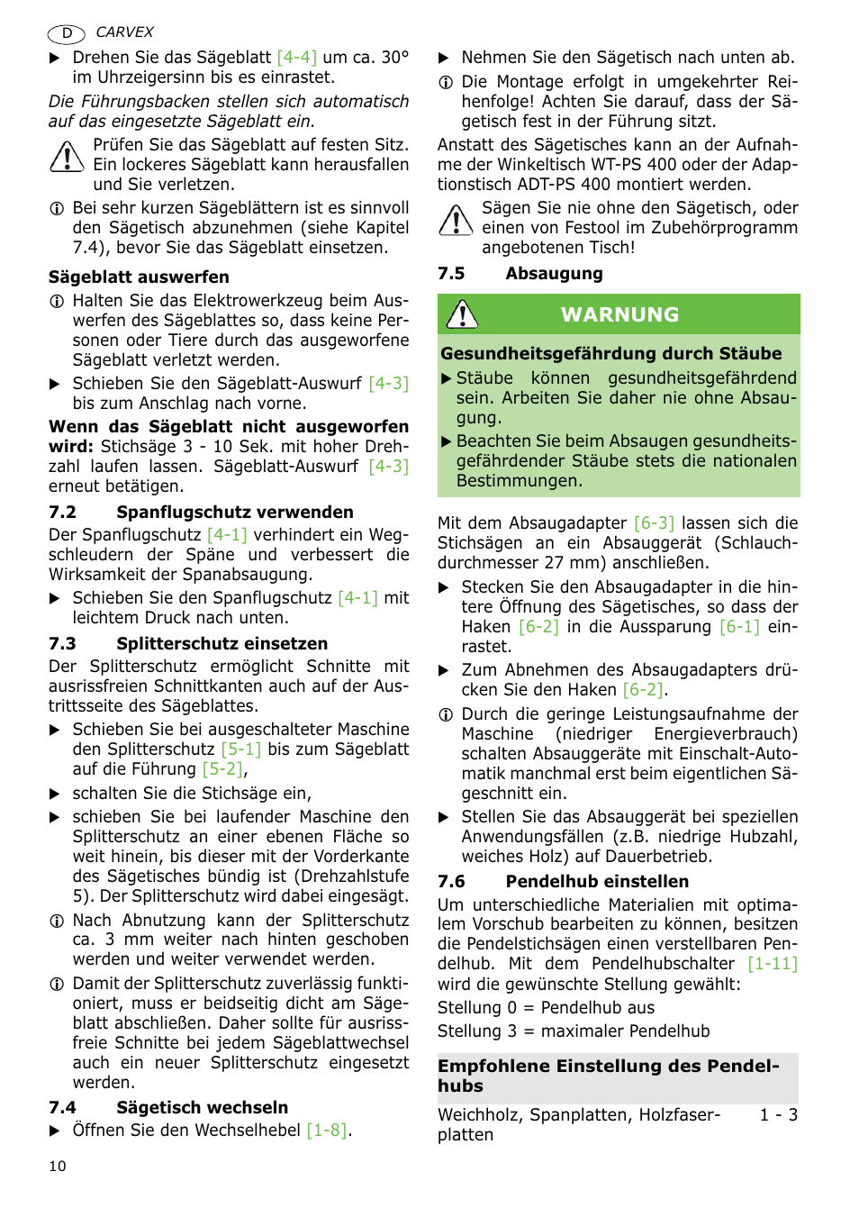 Warnung | Festool PSBC 400 EB CARVEX User Manual | Page 10 / 132