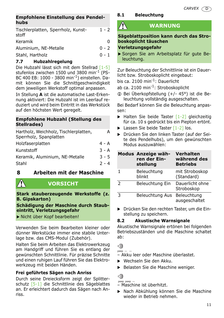 8arbeiten mit der maschine, Vorsicht, Warnung | Festool PSBC 400 EB CARVEX User Manual | Page 11 / 132