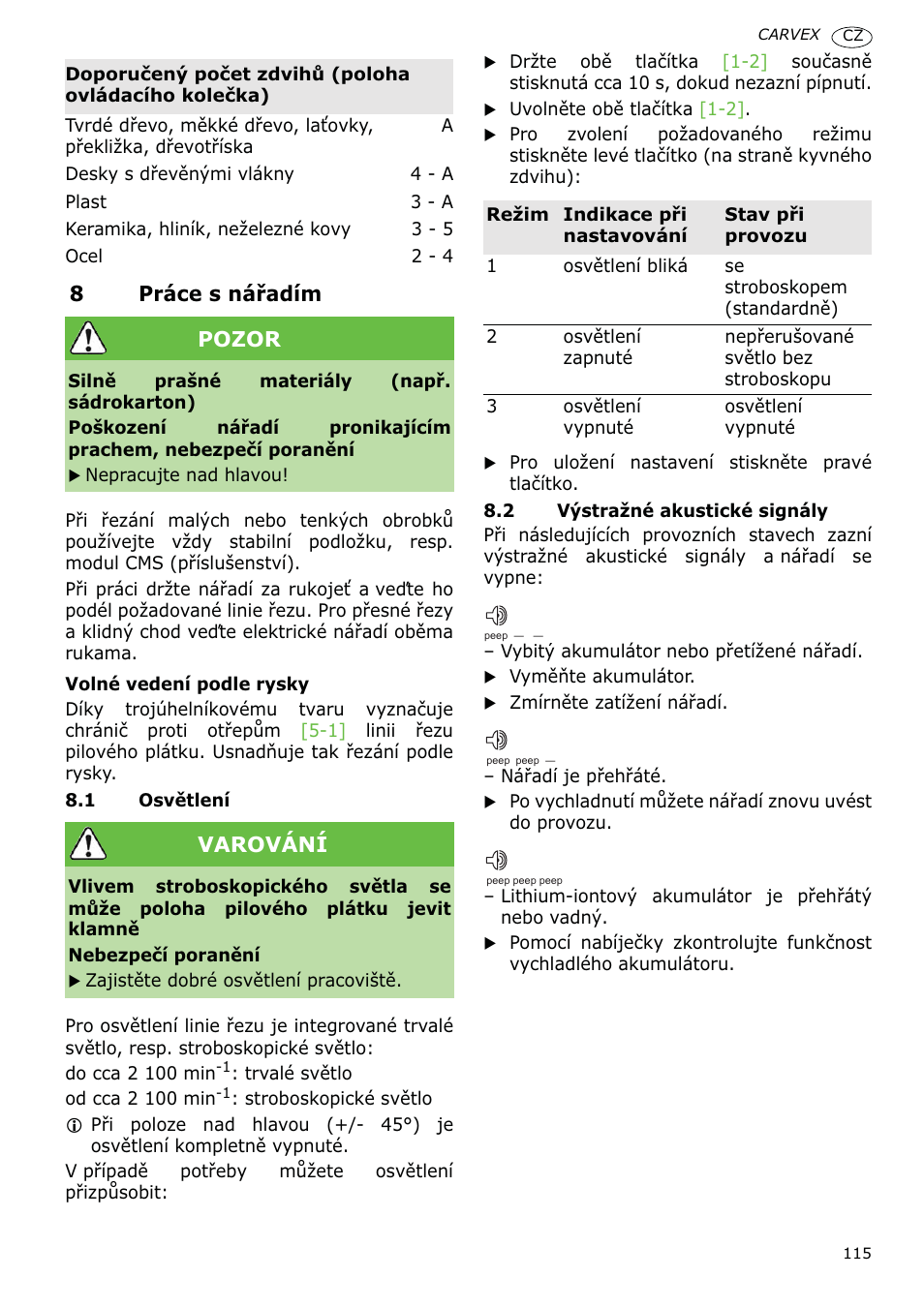 8práce s náĝadím, Pozor, Varování | Festool PSBC 400 EB CARVEX User Manual | Page 115 / 132