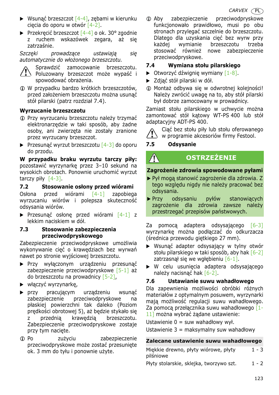 Ostrzeĩenie | Festool PSBC 400 EB CARVEX User Manual | Page 123 / 132