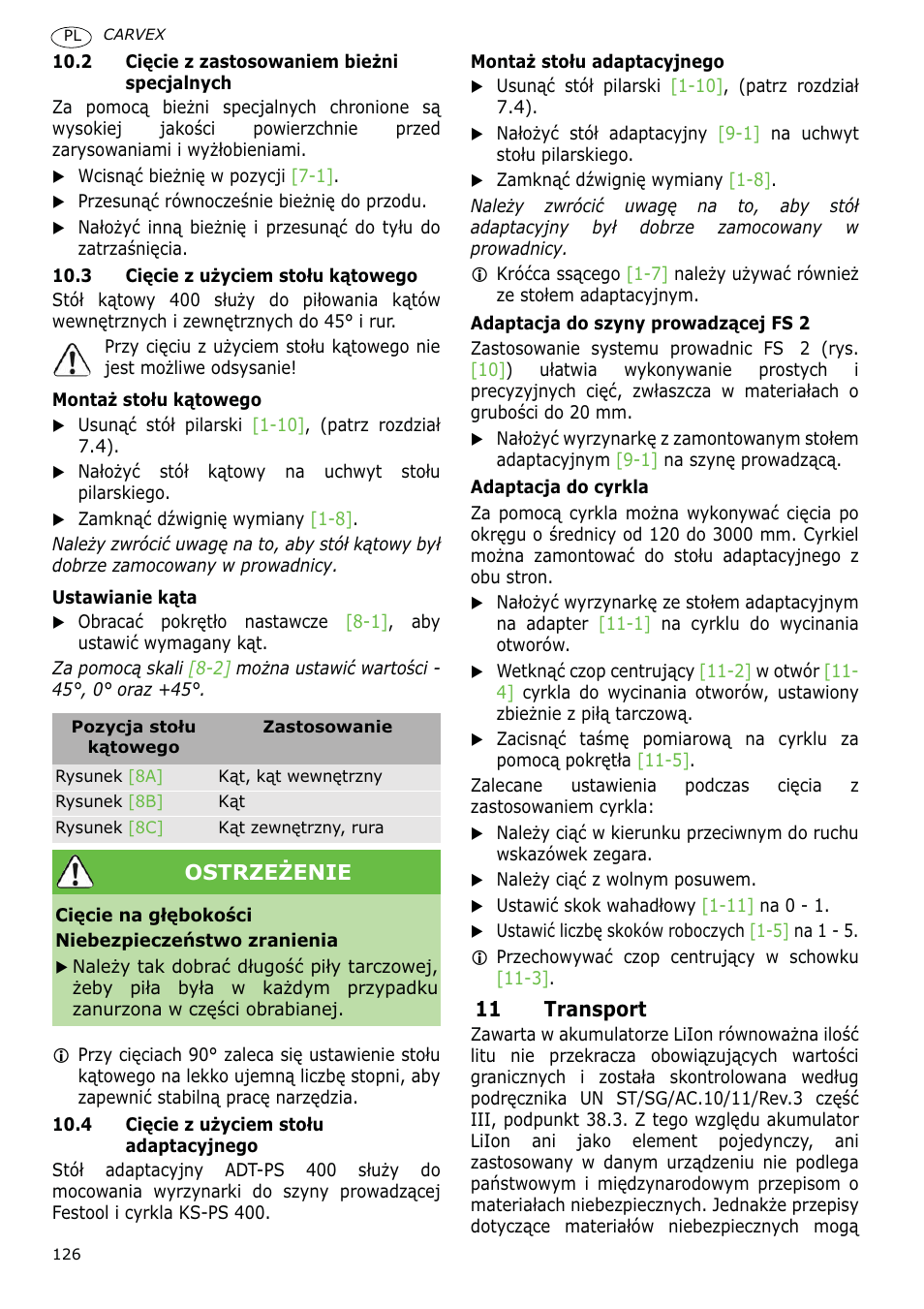 11 transport, Ostrzeĩenie | Festool PSBC 400 EB CARVEX User Manual | Page 126 / 132