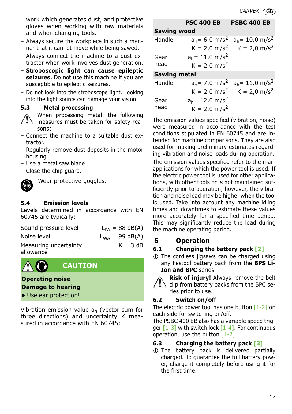 6operation, Caution | Festool PSBC 400 EB CARVEX User Manual | Page 17 / 132