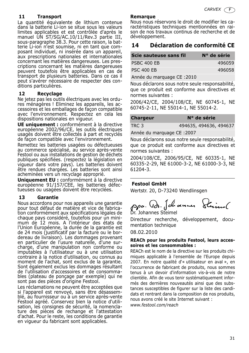 14 déclaration de conformité ce | Festool PSBC 400 EB CARVEX User Manual | Page 31 / 132