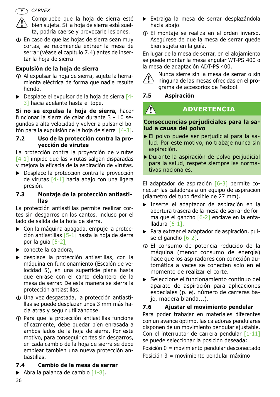 Advertencia | Festool PSBC 400 EB CARVEX User Manual | Page 36 / 132