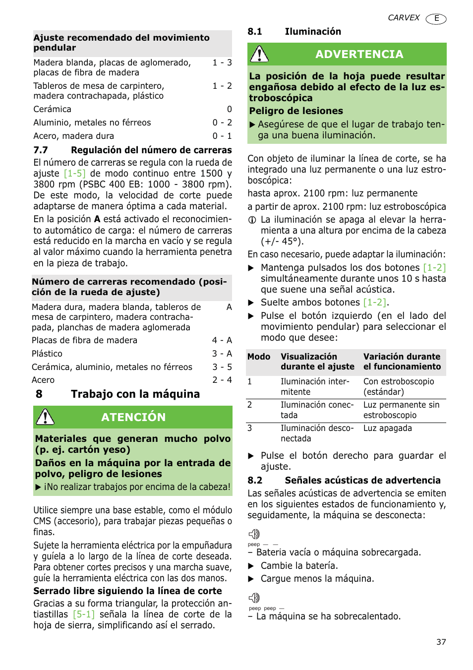 8trabajo con la máquina, Atención, Advertencia | Festool PSBC 400 EB CARVEX User Manual | Page 37 / 132