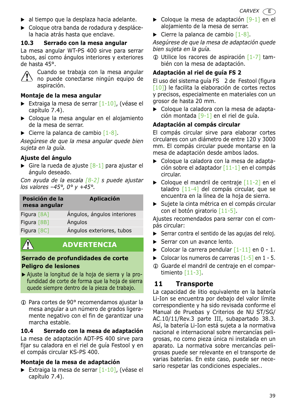 11 transporte, Advertencia | Festool PSBC 400 EB CARVEX User Manual | Page 39 / 132